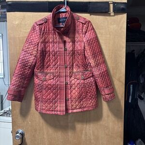 Lands' End Quilted Jacket Plaid Snap Front Pockets Red Orange Lightweight fall M